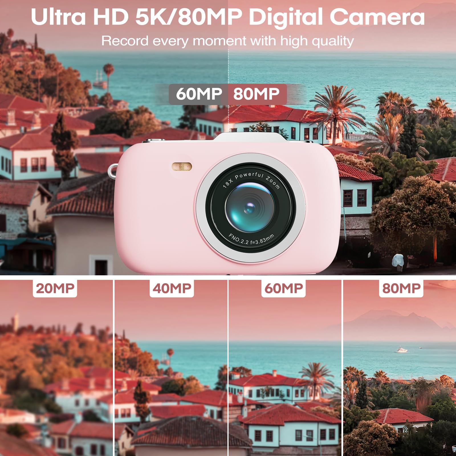셀카용 5K 80MP 디지털 카메라, 18배 줌 브이로 - Photography Nature Images 리뷰 및 가격
